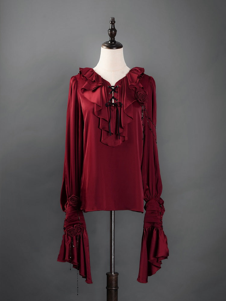 Crimson Poet Shirt with Floral Pins and Chain Accents - Shi Zhi Mao