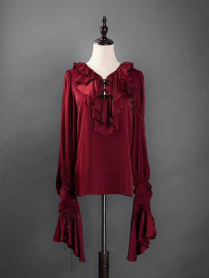 Crimson Poet Shirt with Floral Pins and Chain Accents - Shi Zhi Mao