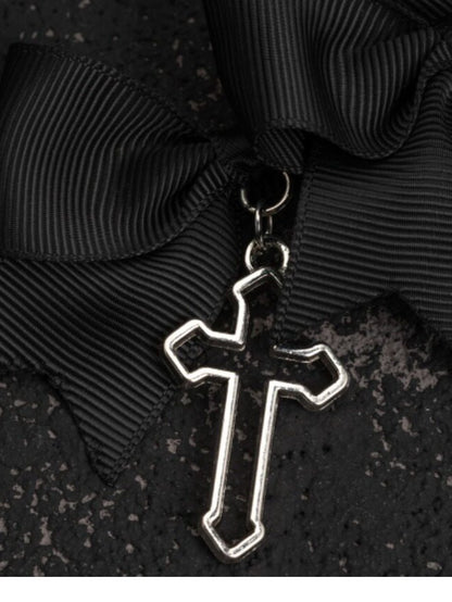Black Gothic Bow Hairclip with Cross - Strange Sugar