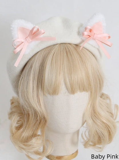 Colors Lolita Cute Off-white 11 Beret With Kitty Bowknot Ears