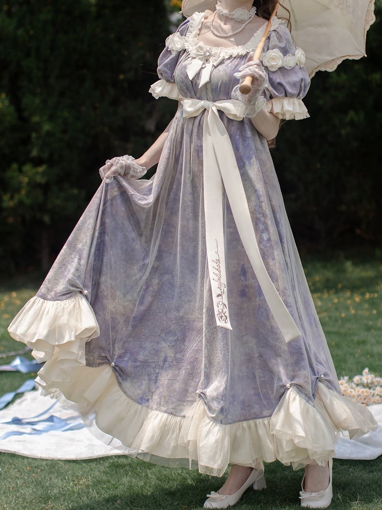 Klassisches Empire Maxi-Stück Lila Lolita Öl Eine Elegante Taille Malerei Kleid Druck