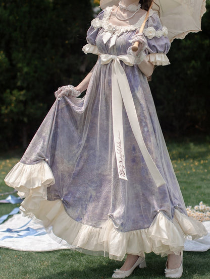 Klassisches Empire Maxi-Stück Lila Lolita Öl Eine Elegante Taille Malerei Kleid Druck