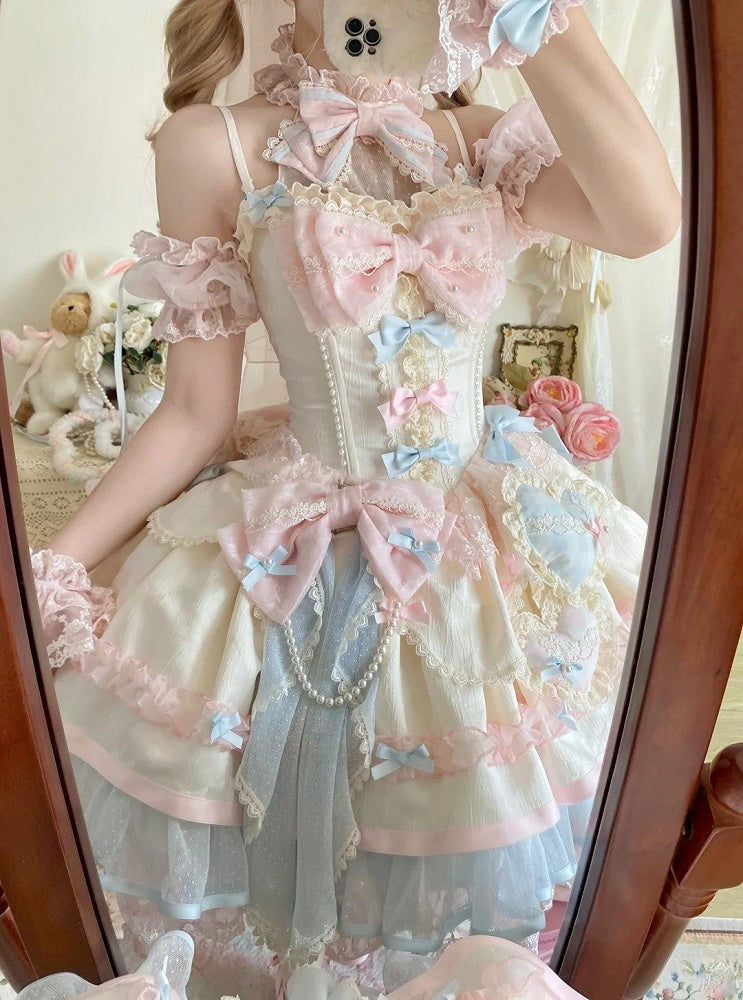 Blue Accent Sleeves Pink Tulle Puff Ribbon Bow with