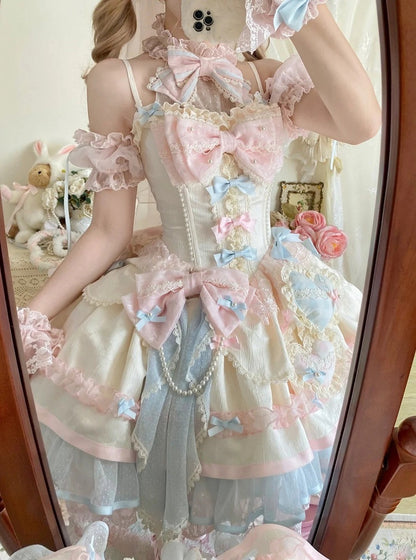 Blue Accent Sleeves Pink Tulle Puff Ribbon Bow with