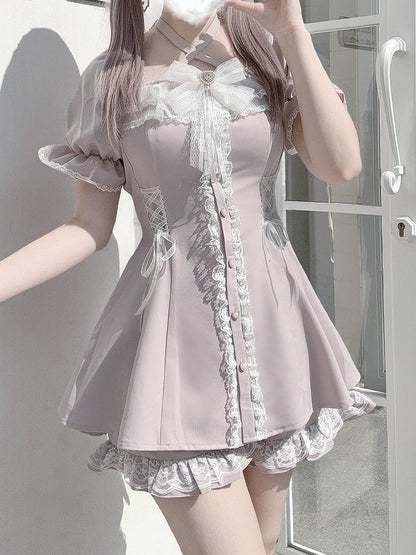 Dress Shorts Set: Buttons Coord Heart + Sweet Kei Jirai with Light Pink Shaped Halter