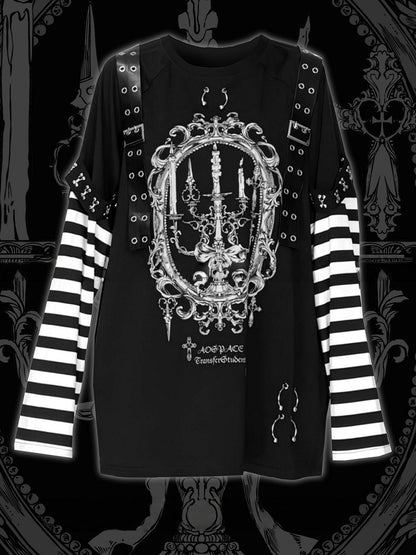Straps Long-Sleeve White Black Decorated Printed Jirai Top Candle Punk Kei Striped Leather