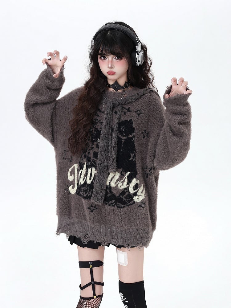 Vintage Lettered Plush Sweater with Distress Trim and Detachable Hood Red/Dark Brown