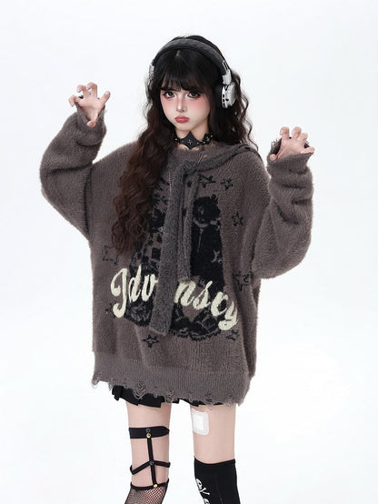 Vintage Lettered Plush Sweater with Distress Trim and Detachable Hood Red/Dark Brown