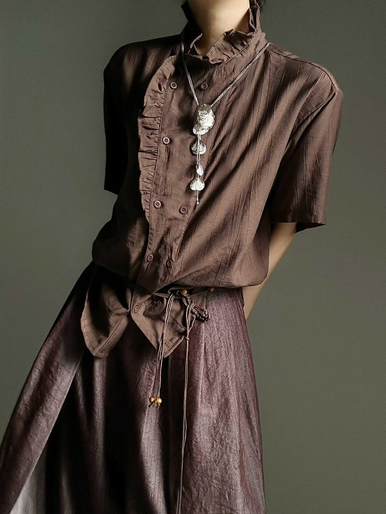 Coffee Ouji Short Sleeve Shirt with Ruffle Trim - ASAE