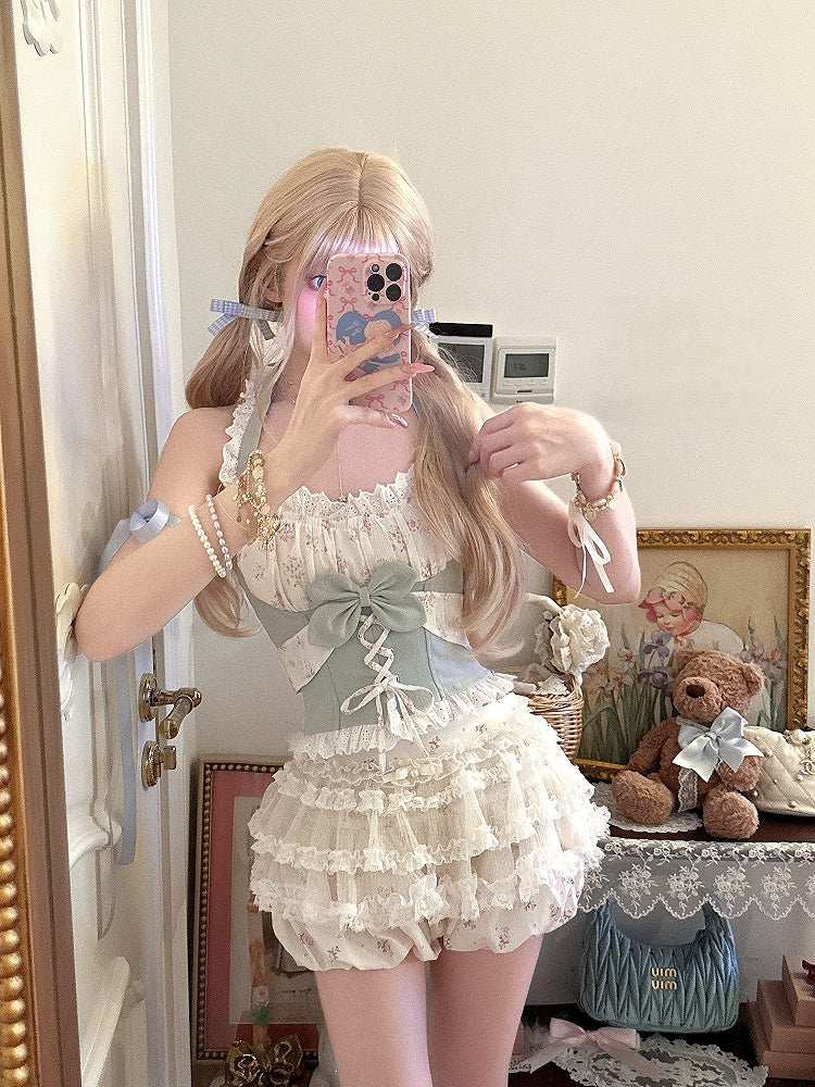 Denim-Blue Floral Lace-Trim Halter Top With Bow Accent