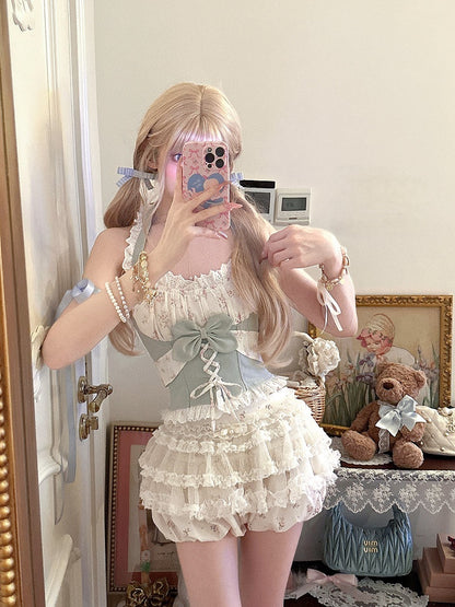 Denim-Blue Floral Lace-Trim Halter Top With Bow Accent