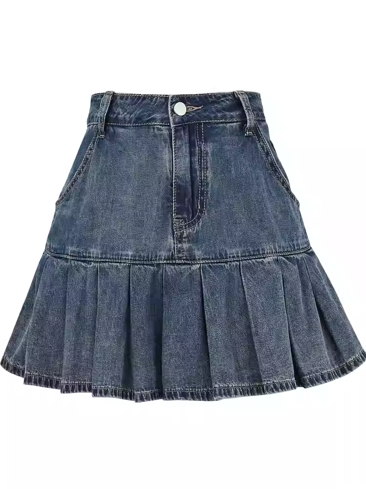 ウエストプリーツデニムスカート ブルーハイ
