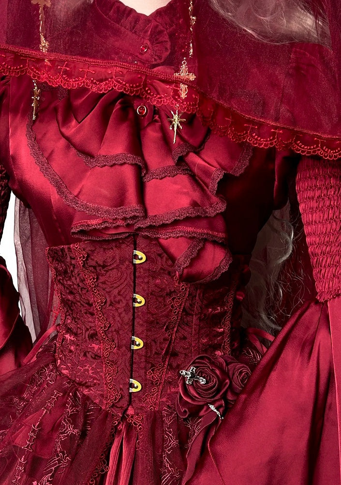 Roter Gothic Lolita Korsettgürtel mit Tunnelzug-Design, Kathedralen-Stickerei-Overlay