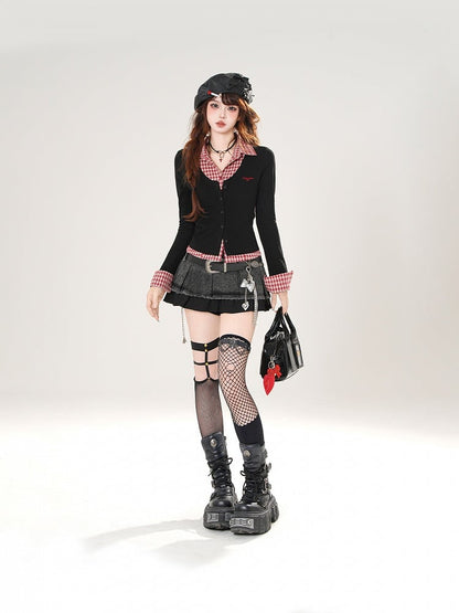 レッドチェックとブラックのフェイクツーピーススリムフィットトップス