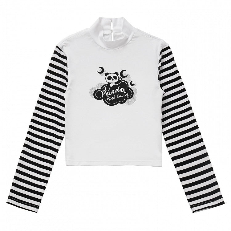 パンダプリントのブラックロングトップスと袖、ストライプ柄のホワイト