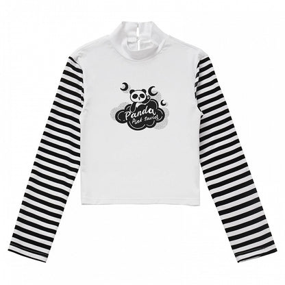 パンダプリントのブラックロングトップスと袖、ストライプ柄のホワイト
