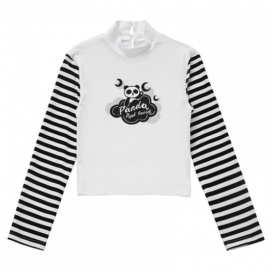 パンダプリントのブラックロングトップスと袖、ストライプ柄のホワイト