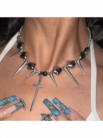 Silver Punk Necklace with Cross Pendant - YSHXS