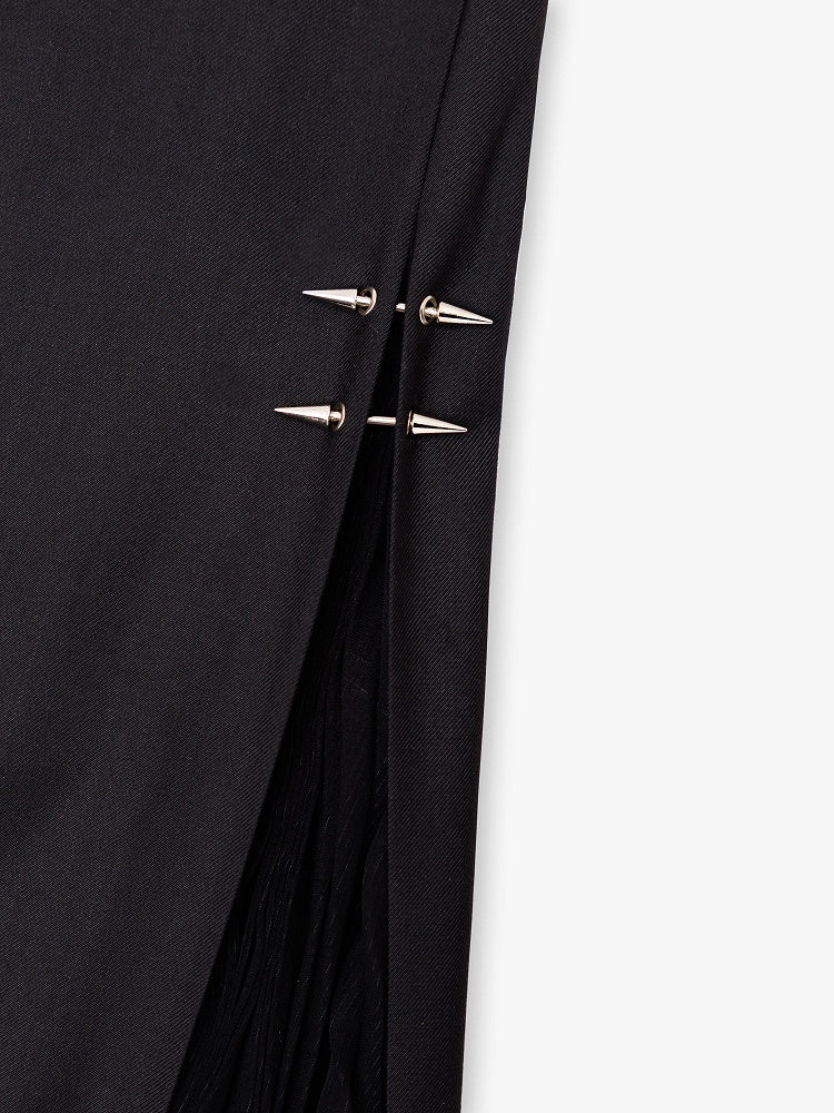 Ouji Style 110cm High Waist Wide-Leg Black Pants with Pleated Chiffon Panel - DevilInspired Exclusive Collection