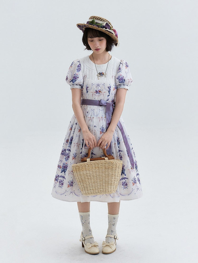 White-Purple Pansy Print Pleated Elegant Lolita OP Gown