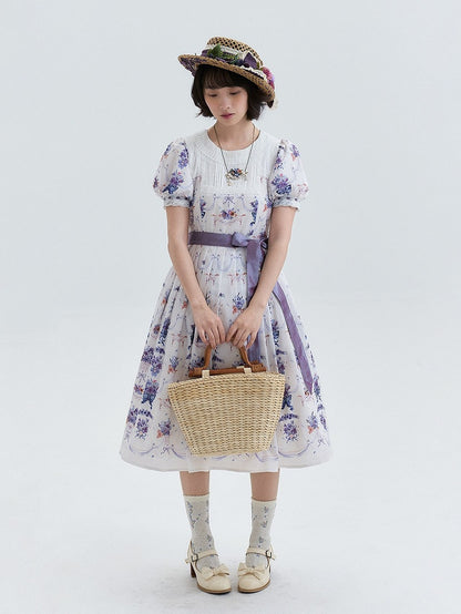 White-Purple Pansy Print Pleated Elegant Lolita OP Gown