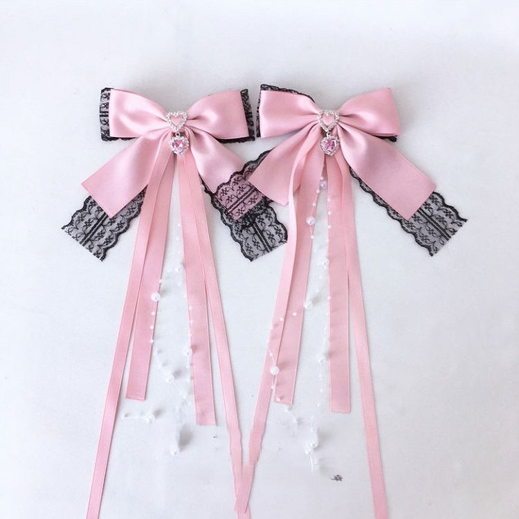 Beads Trim Colors Tassel Heart Lace Black Hairclip 4 Rhinestone with Bow