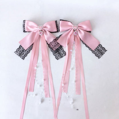 Beads Trim Colors Tassel Heart Lace Black Hairclip 4 Rhinestone with Bow