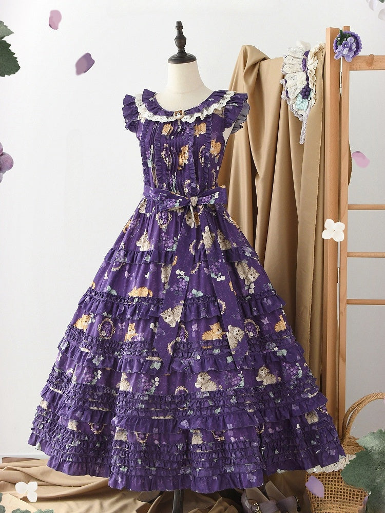 Modischer Lolita-Rock und Print, lila Hauspullover, traubenlanges Kleid, veränderbar, rosa Kätzchen