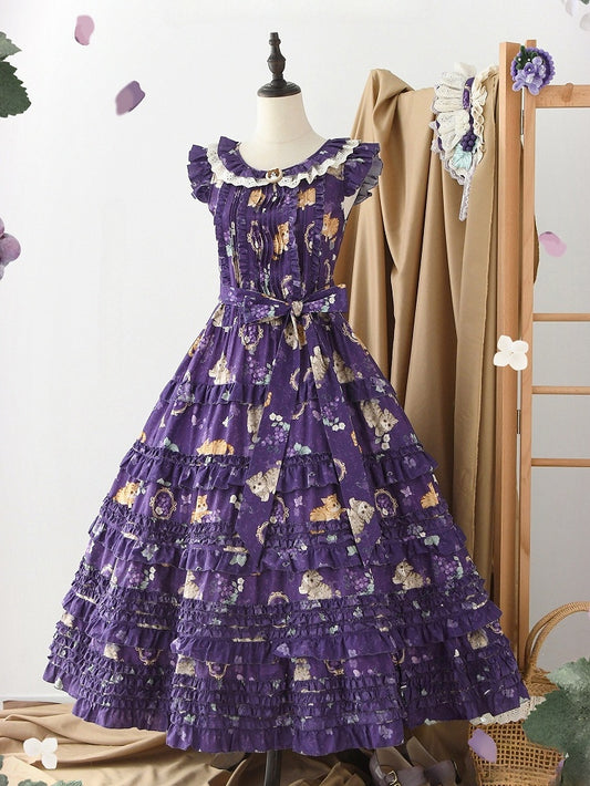 Modischer Lolita-Rock und Print, lila Hauspullover, traubenlanges Kleid, veränderbar, rosa Kätzchen