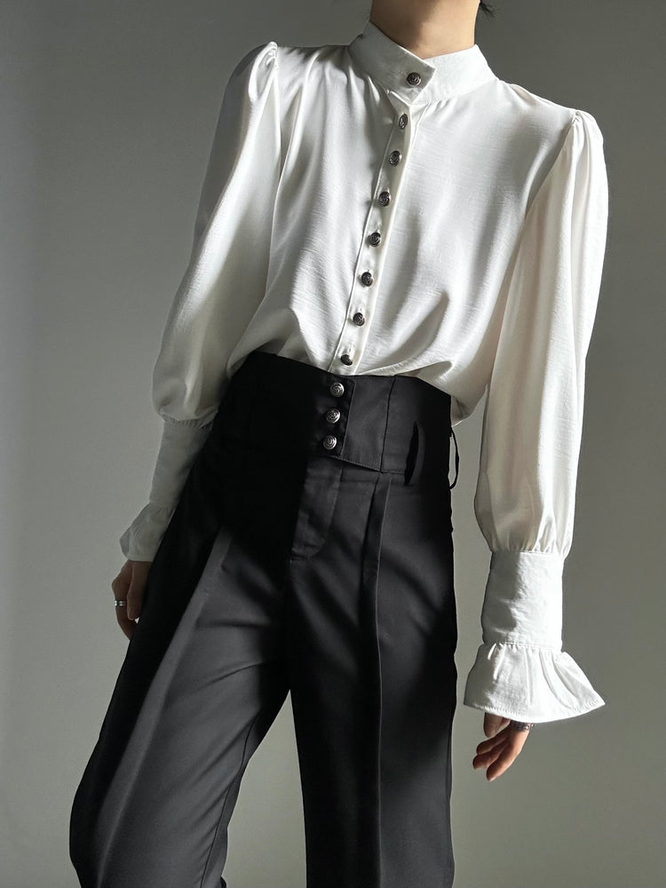 Waistband Straight-Leg Flare with Black High-Waisted Ouji Pants Vertical Lolita Buttoned