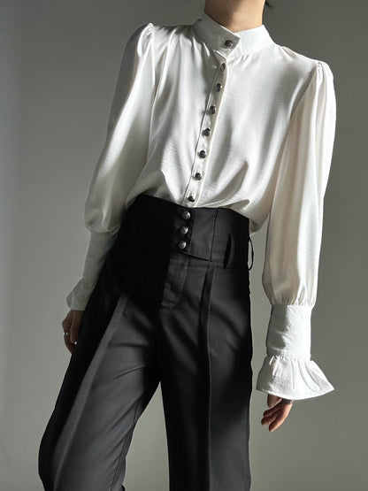 Waistband Straight-Leg Flare with Black High-Waisted Ouji Pants Vertical Lolita Buttoned