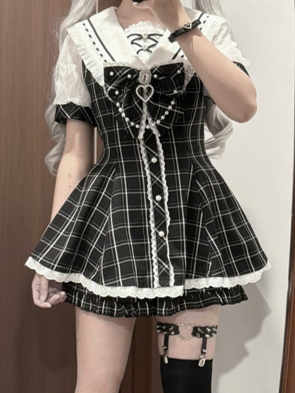 Plaid Bow Mini Dress + Ruffled Back Black Shorts Sailor Collar Self-tie Hem Jirai Kei Set