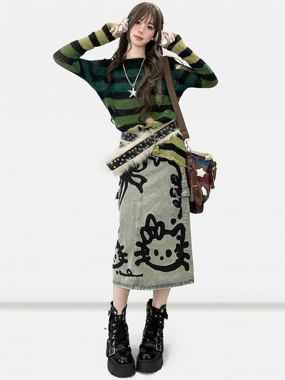 Y2K リボン付きキティスカート デニムプリント ブルー