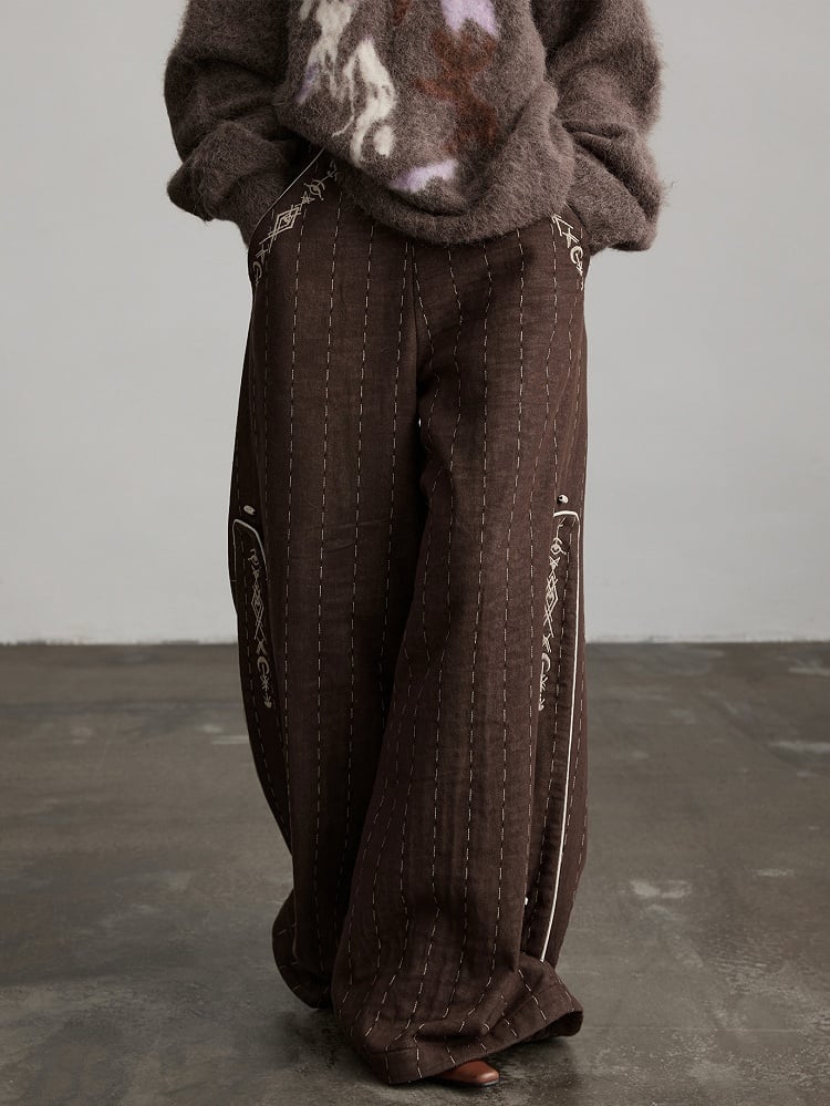 Urban Design Pants Leg-Cuff Dark Wide-Leg with Embroidered Goth Striped Thick Coffee