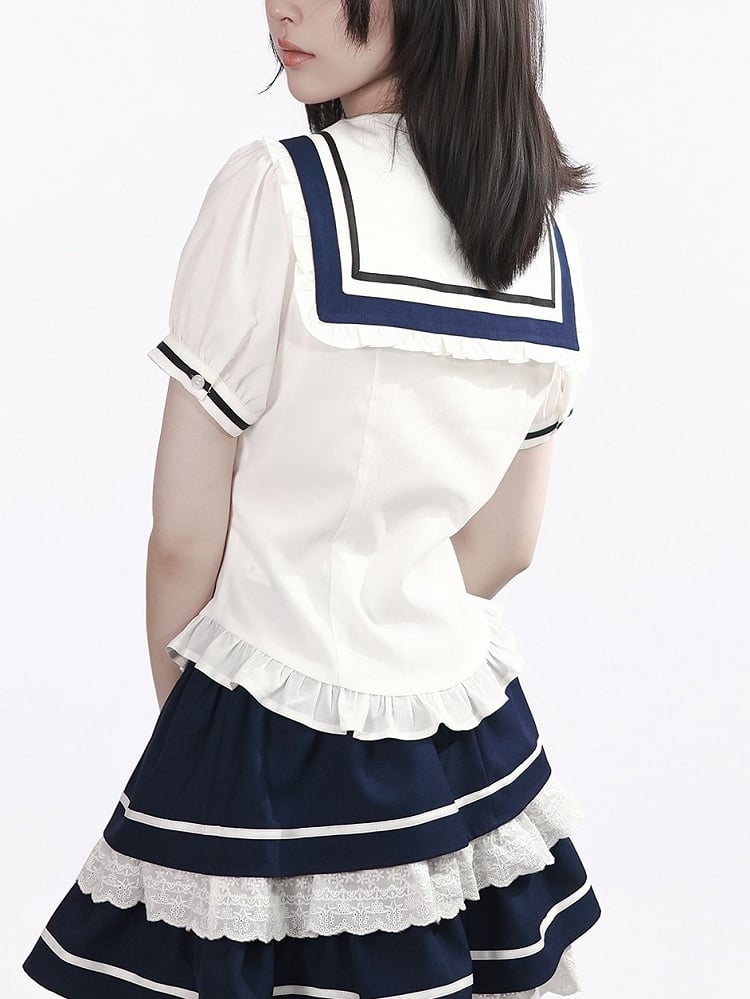 White Sailor Collar Puff Sleeve Blouse with Bow - PINK SAVIOR