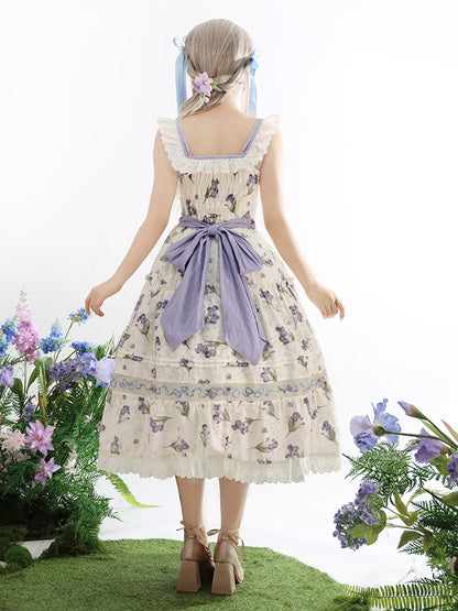 ネックラインジャンパースカート ベージュ オフショルダー パープルアイリス刺繍