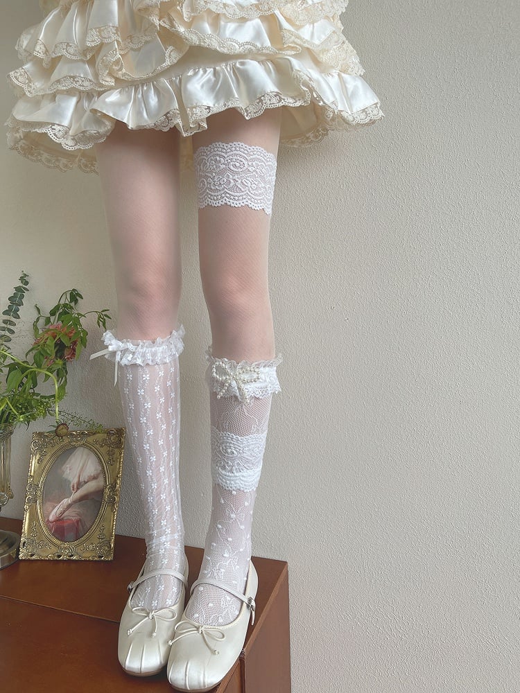Semi-sheer White Socks/Lace Loop Stockings/Floral Bowknot Lace Leg Trims Tights/Beaded Stockings/Tulle Underknee Pattern