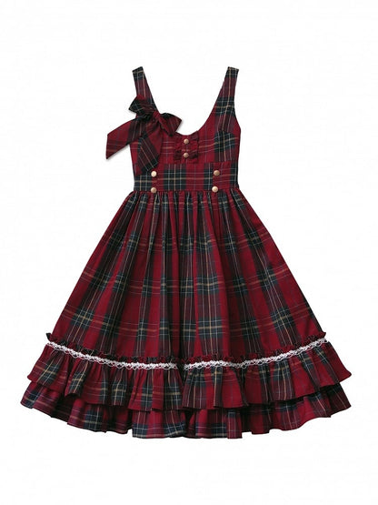 Schleife Overall Plaid Kleid Hohe Rote Taille Krawatte mit