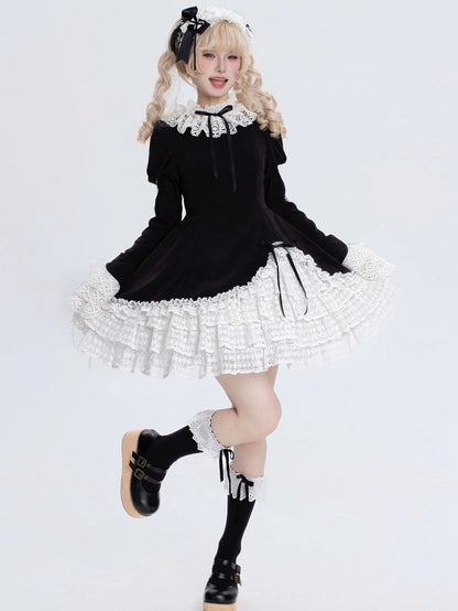 Black and White Ruff Collar Old School Lolita Long Sleeves Dress