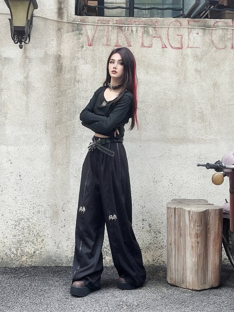 丈長めのフロア ブラック メタル ドラゴン ニー ワイドレッグ パンツ