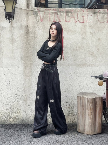丈長めのフロア ブラック メタル ドラゴン ニー ワイドレッグ パンツ
