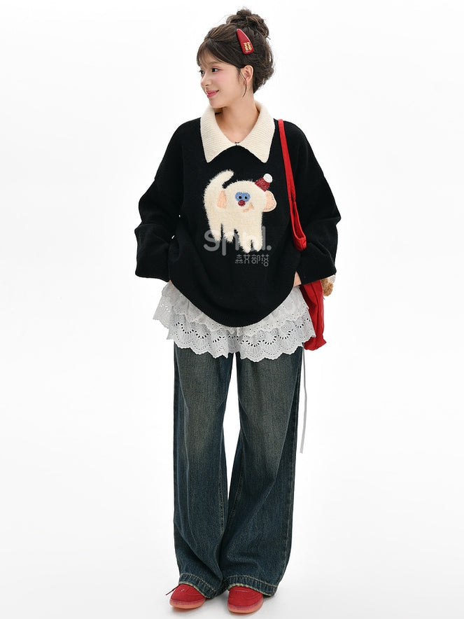 Cute Monkey Pattern Navy Blue Polo Collar Sweater