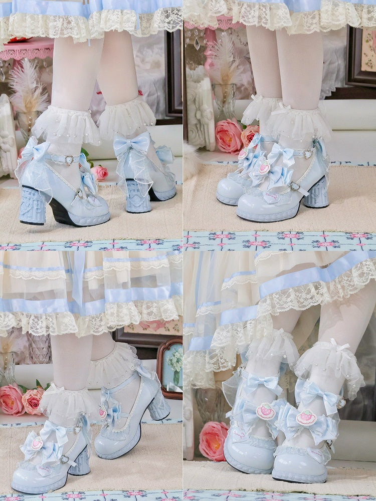 7.5CM Blue Kawaii Heart & Bowknot Decor Heels Lolita Shoes with Strawberry Print - Cute Bunny