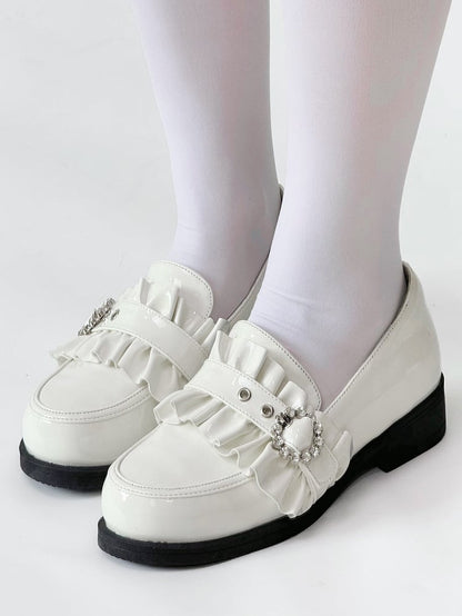 Leather Heels Rhinestone Bead PU Kei with Low Bow Jirai Polished White