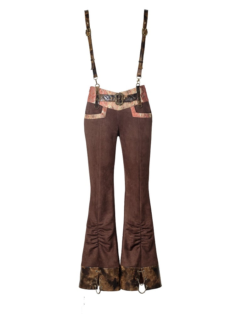 PU Brown Suspenders Orange Detachable V-Waistband Suede Lace Steampunk with Pants