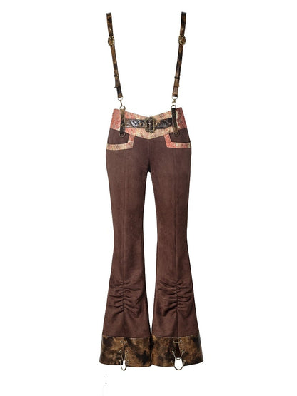 PU Brown Suspenders Orange Detachable V-Waistband Suede Lace Steampunk with Pants
