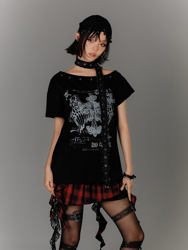 Y2K Black Cross Print Glamorous Belt with Waist T-Shirt