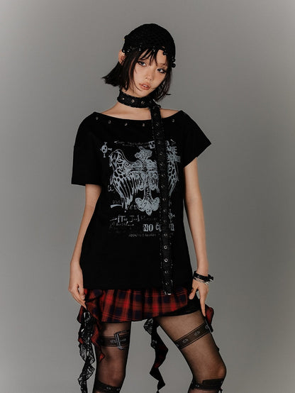 Y2K Black Cross Print Glamorous Belt with Waist T-Shirt