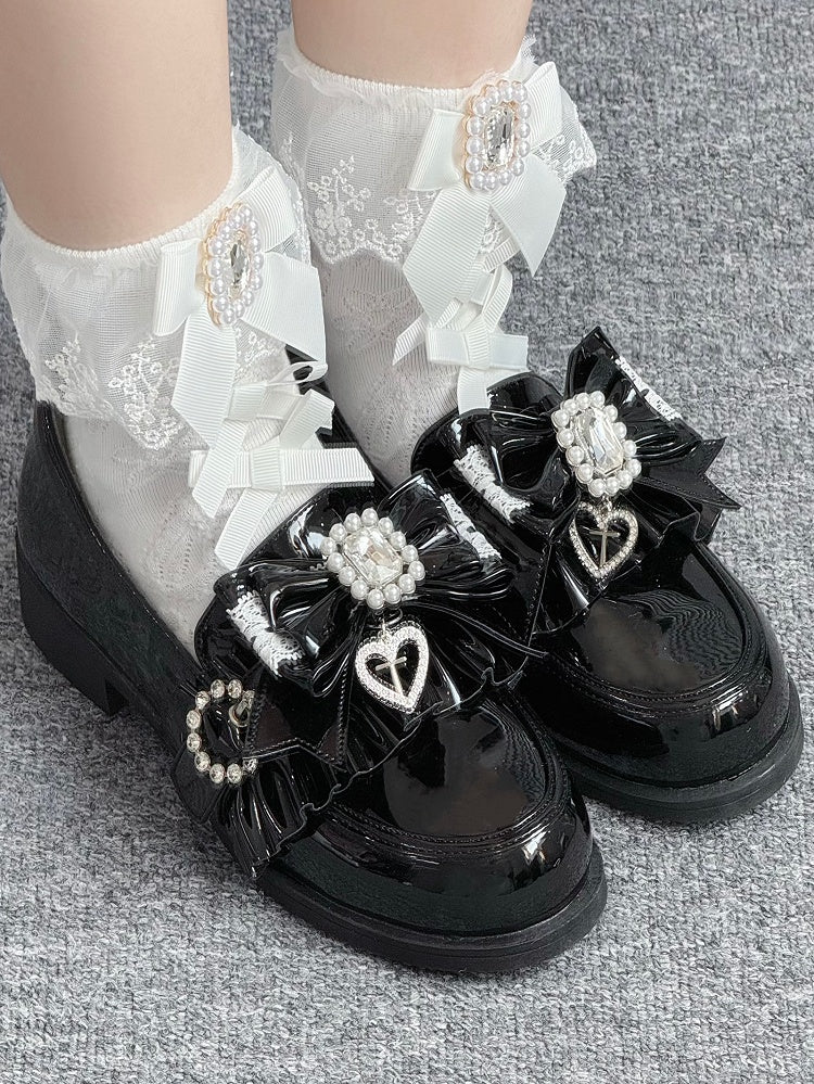 Jirai Detachable Polished Loafers Rhinestone - with Trim Design Black Slip-On Kei Beads And Decor Bow Ruffle