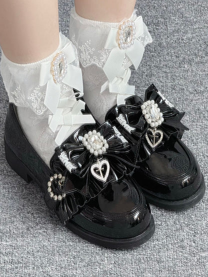 Jirai Detachable Polished Loafers Rhinestone - with Trim Design Black Slip-On Kei Beads And Decor Bow Ruffle